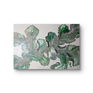Abstract acrylic painting titled Blushing Ferns by RJ Collective. Flowing botanical forms in green and blush pink tones spread across a 20×30 inch canvas, evoking movement and organic grace.
