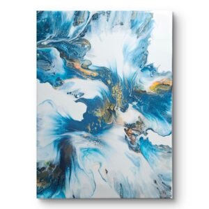 Abstract acrylic painting titled Teal Equinox by Rebecca Jayne. Fluid swirls of deep teal, cobalt, gold, indigo and orange flow across white canvas, creating balance and movement. Varnished finish on 9x12inch stretched canvas.