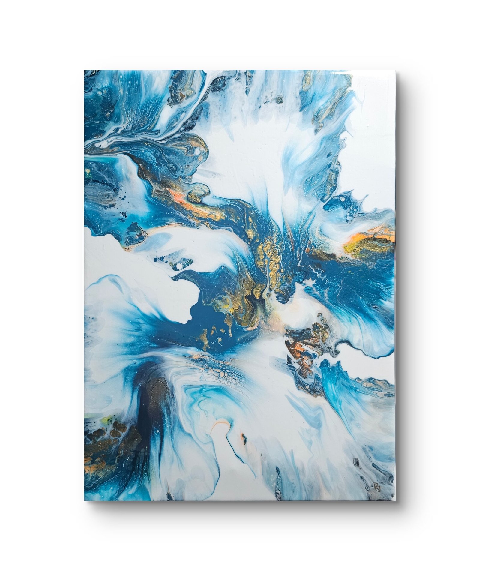 Abstract acrylic painting titled Teal Equinox by Rebecca Jayne. Fluid swirls of deep teal, cobalt, gold, indigo and orange flow across white canvas, creating balance and movement. Varnished finish on 9x12inch stretched canvas.