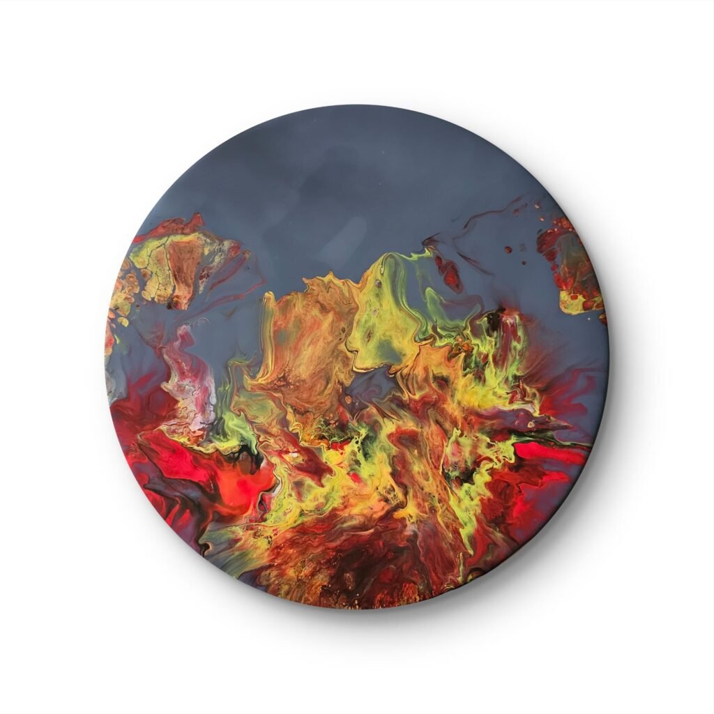 Circular abstract acrylic painting titled Silent Inferno by RJ Collective. Molten reds, golds, and smoke-grey tones intertwine, symbolising emotion battling stillness and the struggle for release.