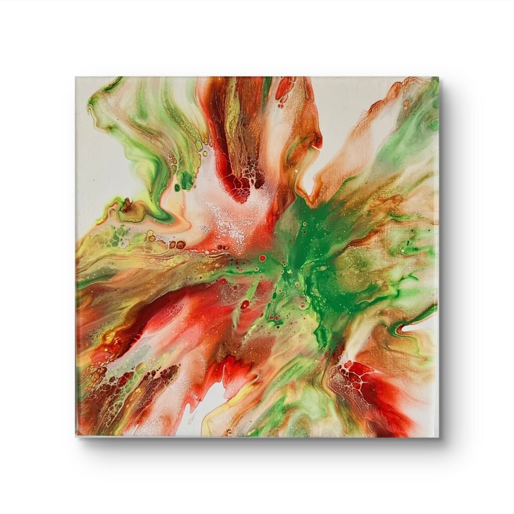 Abstract acrylic painting titled Orchard Bloom by RJ Collective. A 20×20 cm canvas featuring flowing tones of green, coral red, amber, and ivory that merge in organic, petal-like forms, evoking the vitality and warmth of a summer orchard.