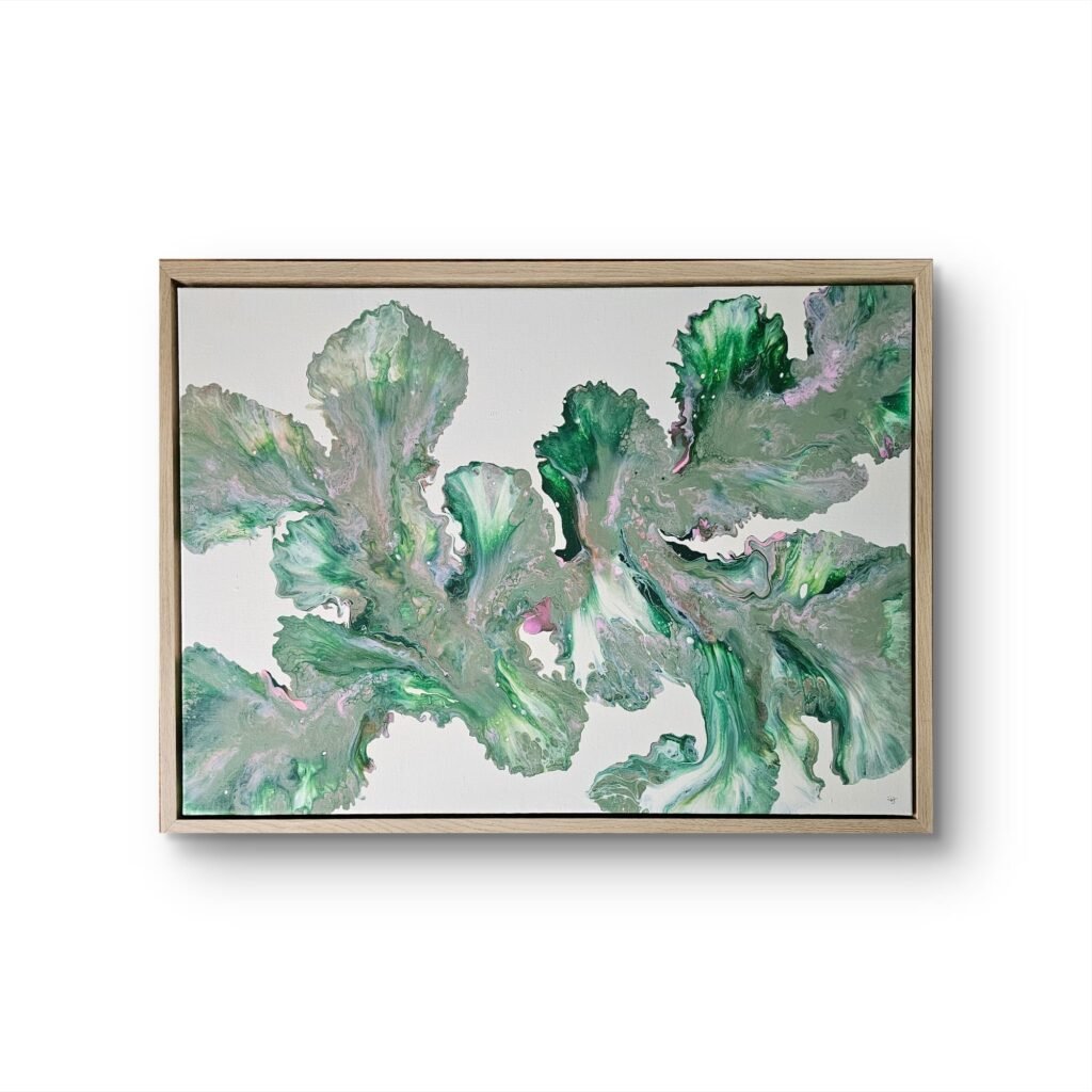 Abstract acrylic painting titled Blushing Ferns by Rebecca Jayne, featuring green and blush pink tones on canvas, framed in oak.