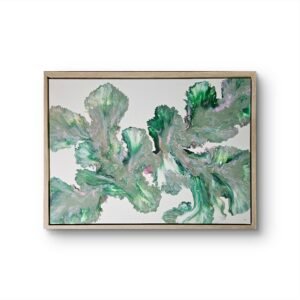Abstract acrylic painting titled Blushing Ferns by Rebecca Jayne, featuring green and blush pink tones on canvas, framed in oak.