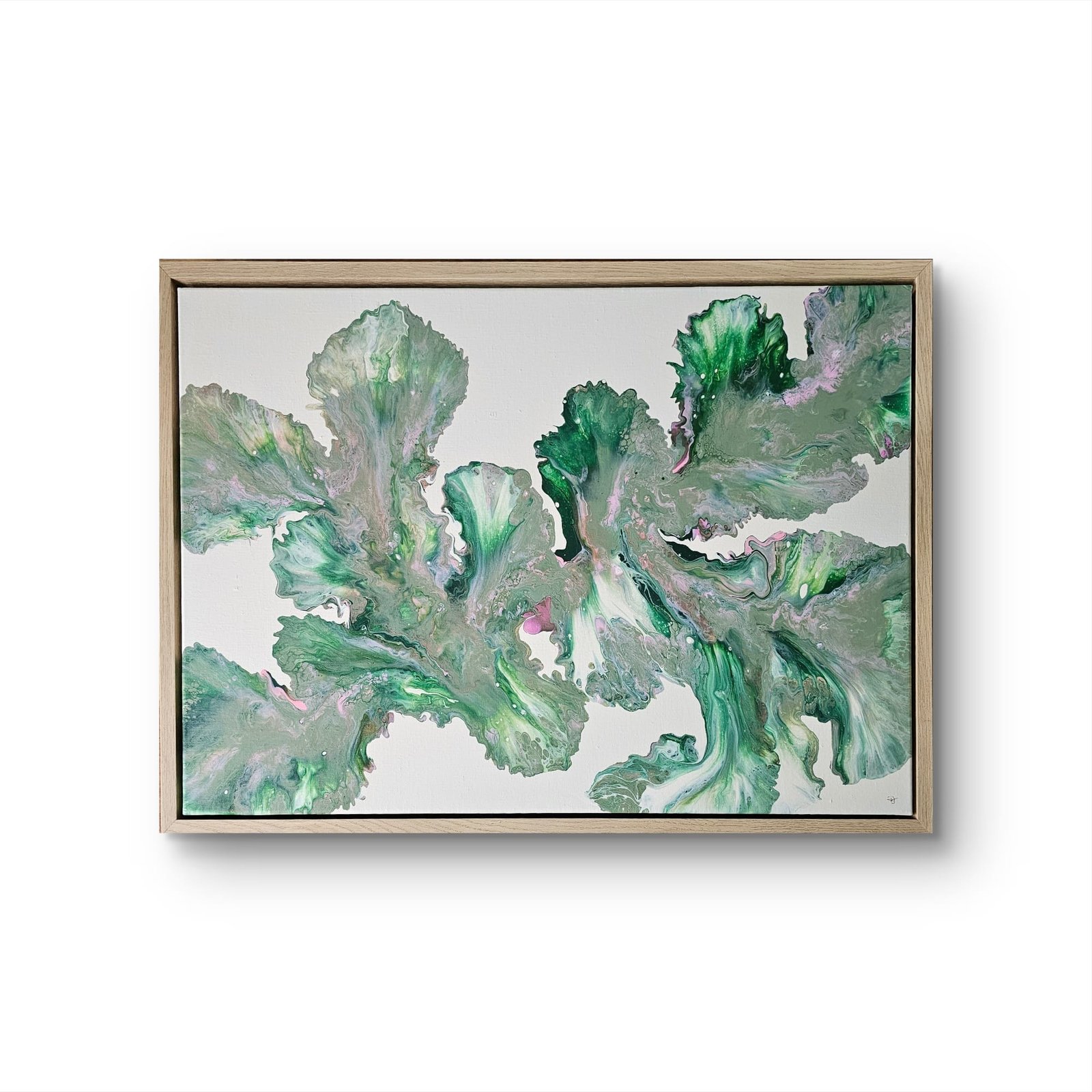 Abstract acrylic painting titled Blushing Ferns by Rebecca Jayne, featuring green and blush pink tones on canvas, framed in oak.