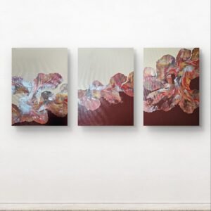 Triptych titled Autumn’s Breath by RJ Collective. Three abstract acrylic panels featuring flowing forms in copper, crimson, gold, and pearlescent tones, evoking autumn warmth and movement.