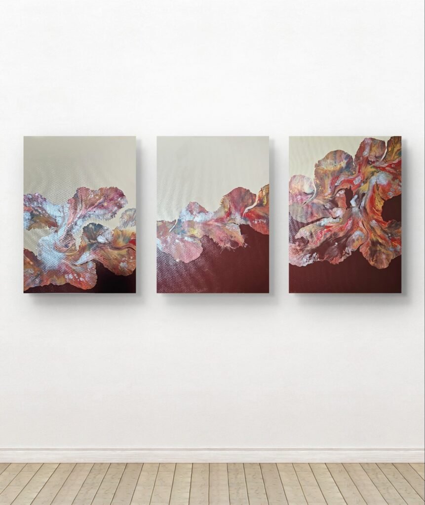 Triptych titled Autumn’s Breath by RJ Collective. Three abstract acrylic panels featuring flowing forms in copper, crimson, gold, and pearlescent tones, evoking autumn warmth and movement.