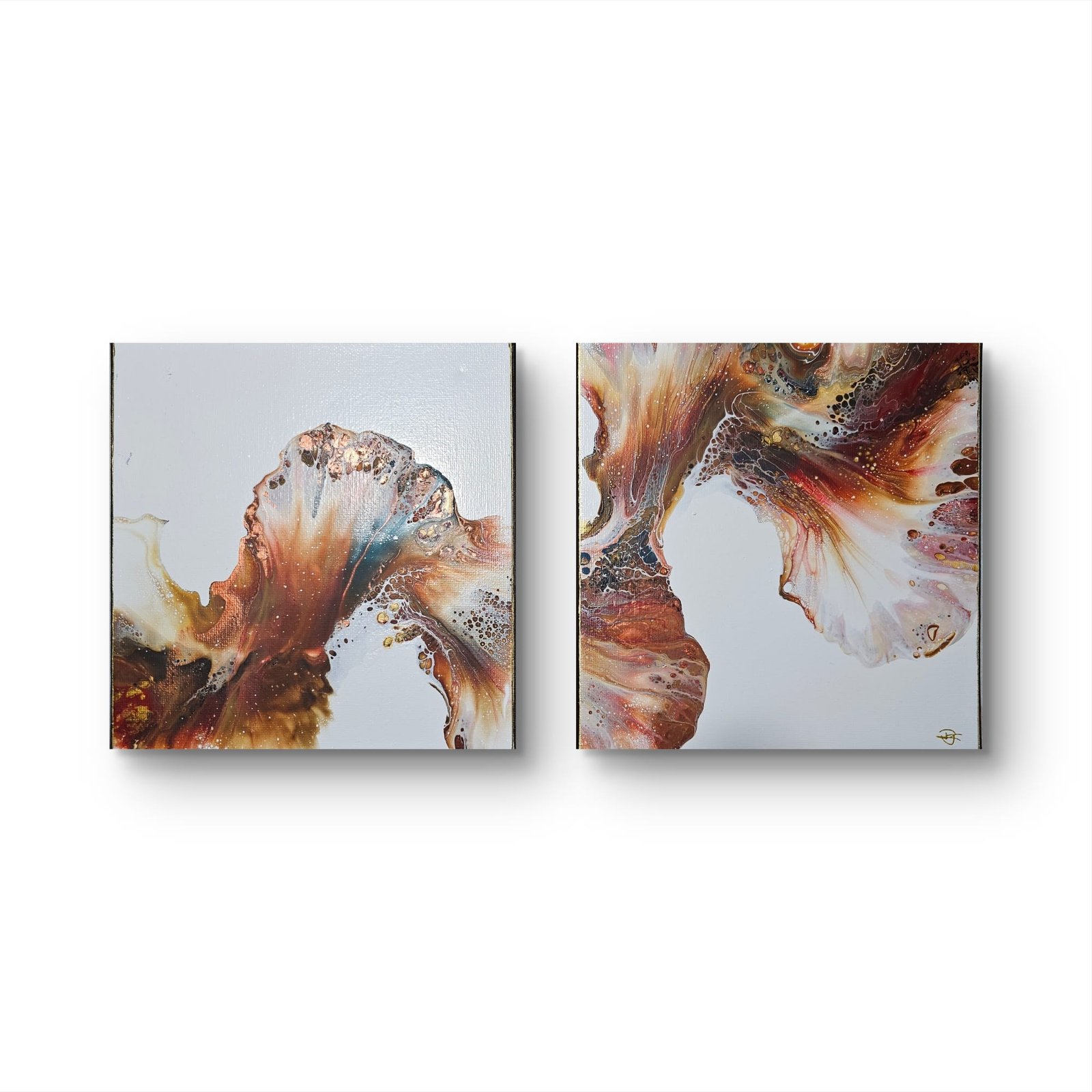 Diptych titled Autumn’s Quiet Whispers by RJ Collective. Two small framed 20×20 cm abstract acrylic canvases featuring metallic reds, copper, and teal accents with a gold-edged dark frame.