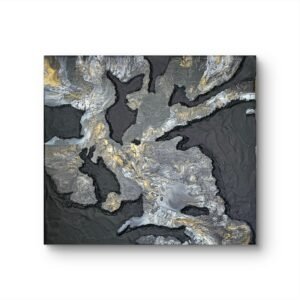 Abstract acrylic painting titled Fissures by RJ Collective. The 11.5-inch square canvas features bold faultlines and textured matte surfaces in shades of black, grey, and metallic gold, creating a dramatic contrast and fractured flow across the composition.