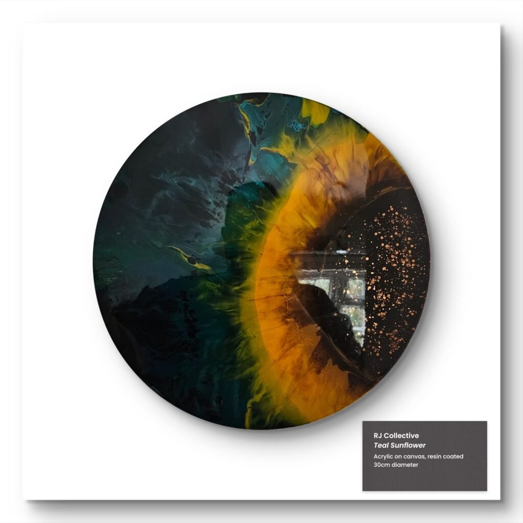 Circular resin-coated abstract painting in deep teal, gold and amber tones by RJ Collective. "Teal Sunflower" - a modern reimagining of nature's warmth through cool metallic contrasts.