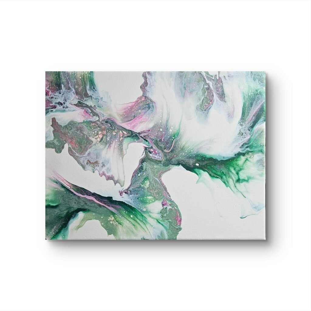 Abstract green, pink and white acrylic painting symbolising fern leaves unfurling on the forest floor.