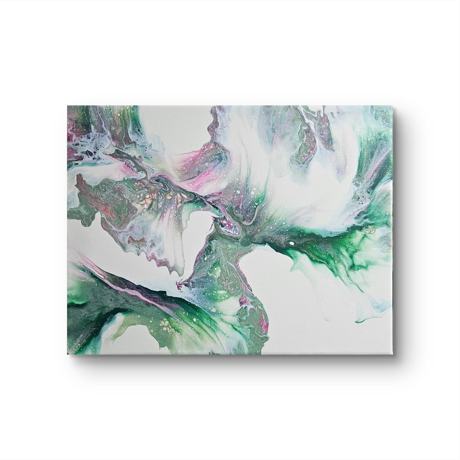 Abstract green, pink and white acrylic painting symbolising fern leaves unfurling on the forest floor.