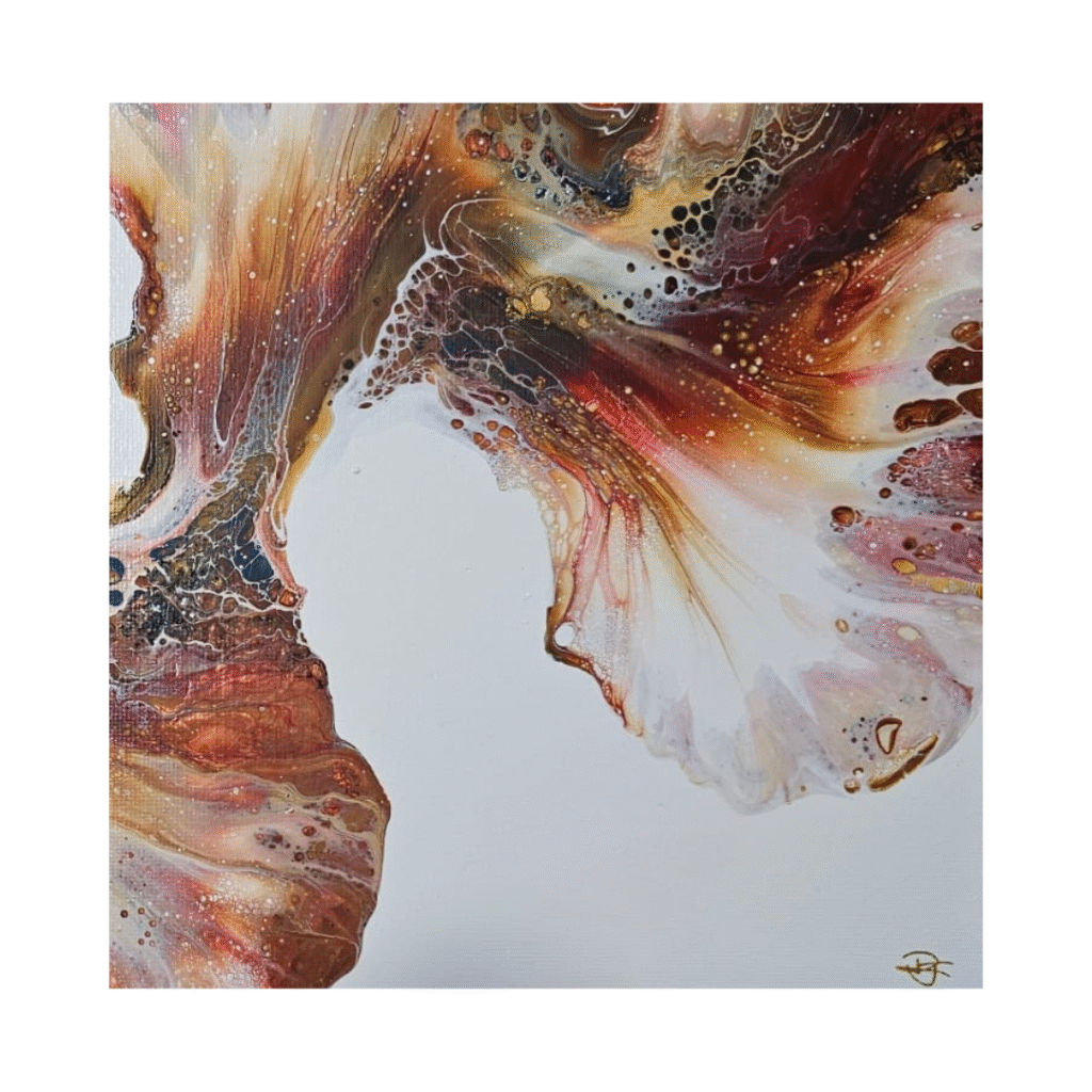 Detail from Autumn’s Quiet Whispers by RJ Collective. A square abstract acrylic painting featuring flowing metallic tones of copper, gold, and russet blending into soft ivory, symbolising quiet transformation and refined motion.