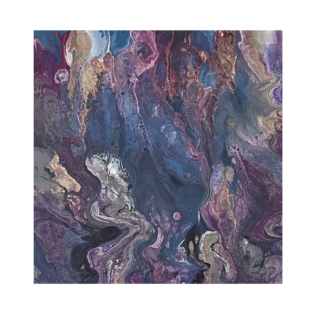 Close up detail of Head Fog, an abstract acrylic pour by RJ Collective, featuring deep indigo, violet and grey tones that flow together to evoke emotional weight and introspection.