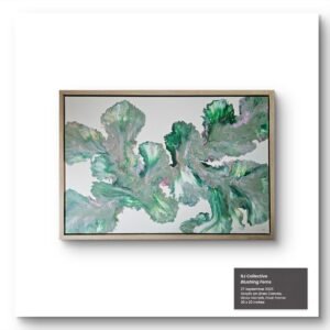 Abstract green and pink fern-inspired painting by RJ Collective in oak float frame.